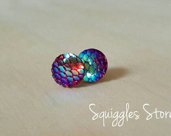 Mermaid Rainbow Red Blue Dragon Scales 12mm Stud Earrings Hypo-allergenic Sensitive Ears