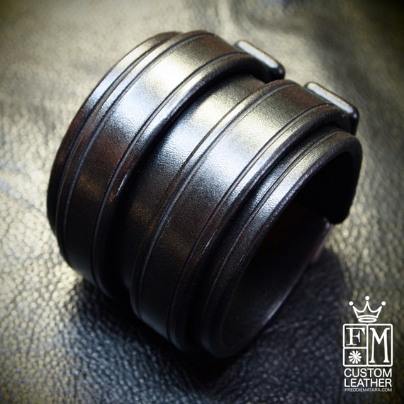 Leather cuff Bracelet Black Luxurious Bridle leather Double strap wristband Made in USA Using Refined techniques by Freddie Matara