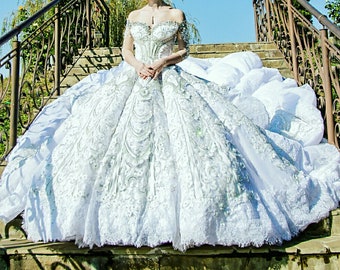 Luxury Royal Cathedral train beaded Couture wedding dress