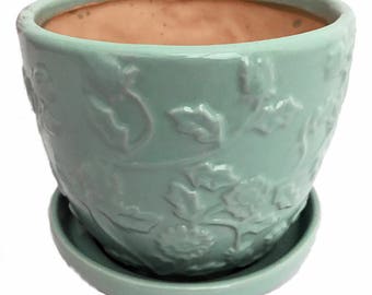 Mint Green Floral Planter with Attached Saucer - 6" x 5"
