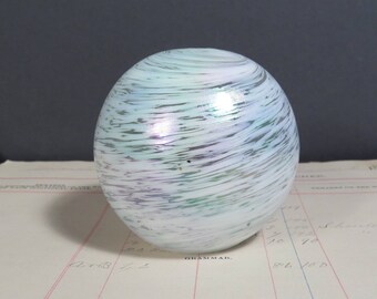 White Aurora Borealis Swirl Paperweight Vintage Mid Century Office Decor Glass Paperweight