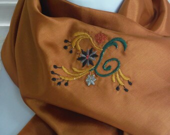 Satin Bronze infinity Scarf w/ Embroidery