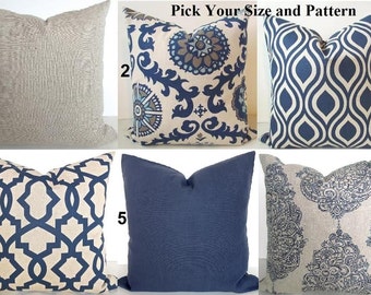 BLUE PILLOWS Navy Blue Throw Pillow Covers Dark Blue Pillows tan pillows Blue Pillow Covers 24x24 16 20 All Sizes Euro Shams Home Decor