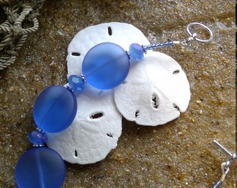 Sz 7.25 Sea Glass and Crystal Bracelet beach glass blue bracelet glass sea glass bracelet size 7.25 inches E1716