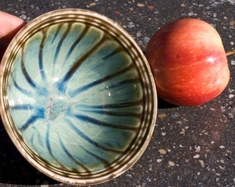 Bowl, Ocean Green Drip, stoneware, cereal bowl, Etched Stripes, Green with brown, Hand Painted, Ready To Ship