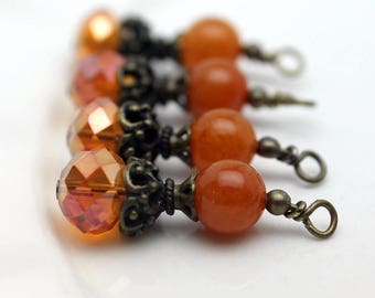 Antiqued Orange AB Rondelle Crystal with Orange Gemstone Bead Dangle Drop Set