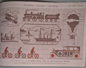 Antique / Vintage Sewing Book - Marking Stitch Ist Series French cross stitch embroidery charts booklet - monograms train balloon car