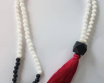 Hot pink black white tassel necklace