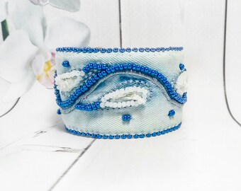 Jeans Cuff Denim bracelet Blue Jeans Denim Jewelry Embroidery Blue bead Boho bracelet Denim Blue Bead gift Trend jewelry