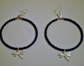 Handmade black hoop earrings with czech crystal beads