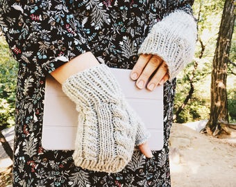 Knitted Gloves, Mens Knit Gloves, Men's Fingerless Gloves, Fingerless Wool Gloves, Womens Gloves, Dove Heather Grey || DOUBLE CABLE GLOVES