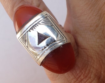 Tuareg Silver Ring with Carnelean US Size Diameter 1.5 cm Small Size US 4 - 4 1/2