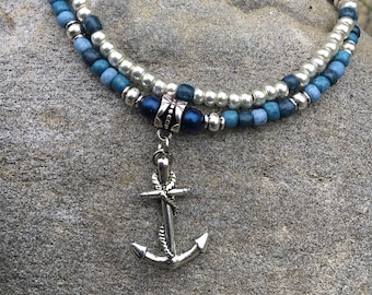 Beach Anklet, Anchor Anklet, Nautical Anklet, Ankle Bracelet, Blue and Silver Anklet, Beaded Anklet, Double Strand Anklet, Anklet
