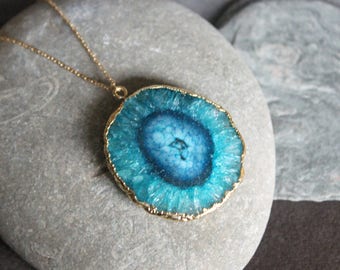 Sunna Solar Quartz Necklace - blue quartz stalactite slice pendant & 14k gold chain