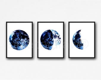 Moon Phase Print Set of 3 Watercolor Prints Celestial Bedroom Wall Decor Wall Art Luna Dark Blue Lunar Phases Home Decor Moon Print