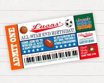 Sports Birthday Invitation, Sports Birthday Party, Sports Invitation, Sports Ticket Invitation, All Sports Birthday, Sports Birthday Ticket