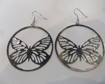Silver Butterfly print hoop costume jewelry earrings