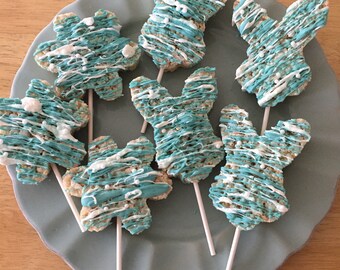 Bunny and flower spring chocolate drizzle rice krispies treats pops- 12 pops individually wrapped