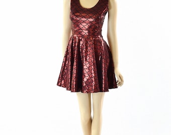 Red Mermaid Scale Holographic Fit and Flare Sleeveless Tank Skater Dress 152268