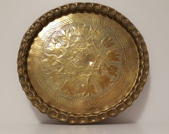 Large Hand Forged and Etched Antique Brass Tray / Wall Plate