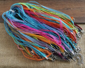 50pcs 17-19 inch adjustable Assorted Colors organza ribbon necklace cord with lobster clasp