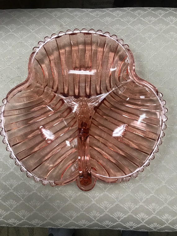 Pink glass divided serving dish candy or relish