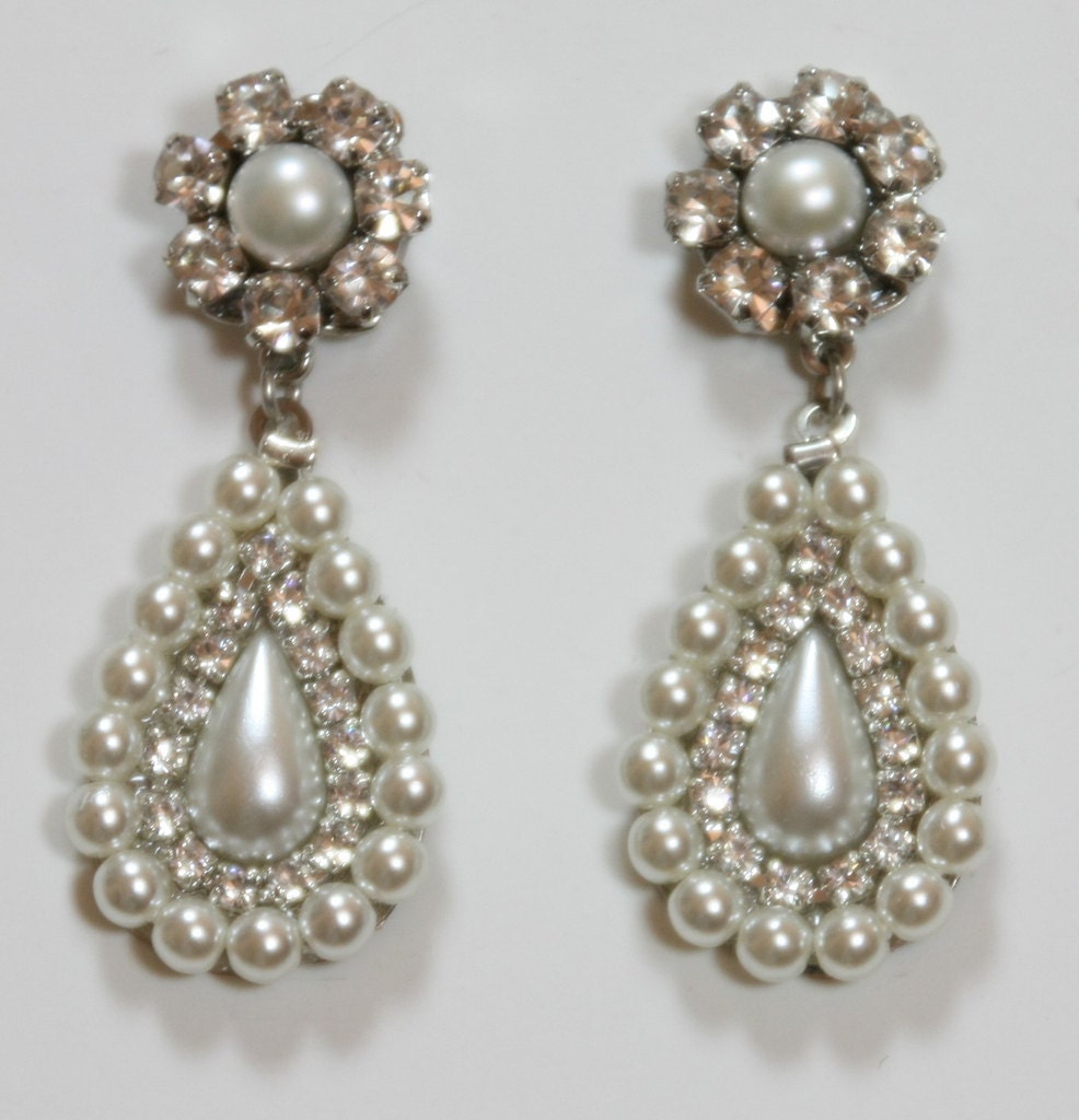 Bridal Earrings Pearl Rhinestone Vintage Style Silver Zoom
