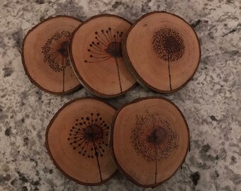 Cherry Wood Coasters, Dandelions, Set of 5