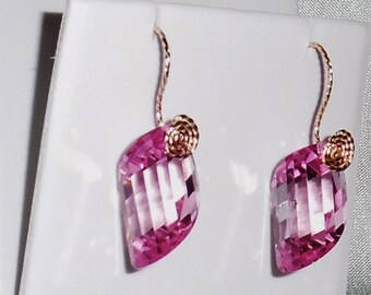 36 cts Natural Fancy cut Pink Topaz gemstones, 14kt yellow gold Pierced Earrings