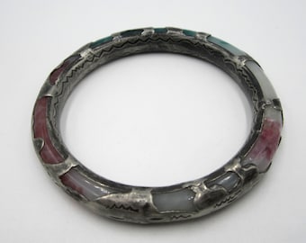 Antique Chinese Peking glass & sterling silver bangle