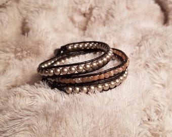 Moonstone and Swarovski Pearl Wrap Bracelet