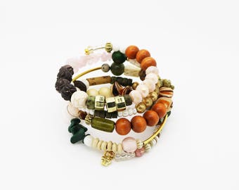 Boho Stacked Bracelet--Cuff Bracelet--Hippie--Gypsy Style--Repurposed--Blush Pink/Green--Vintage--Eco Friendly--Upcycled--Trending--Gold