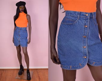 80s Blue Denim Button Down Skirt/ 27 Waist/ 1980s/ Jean