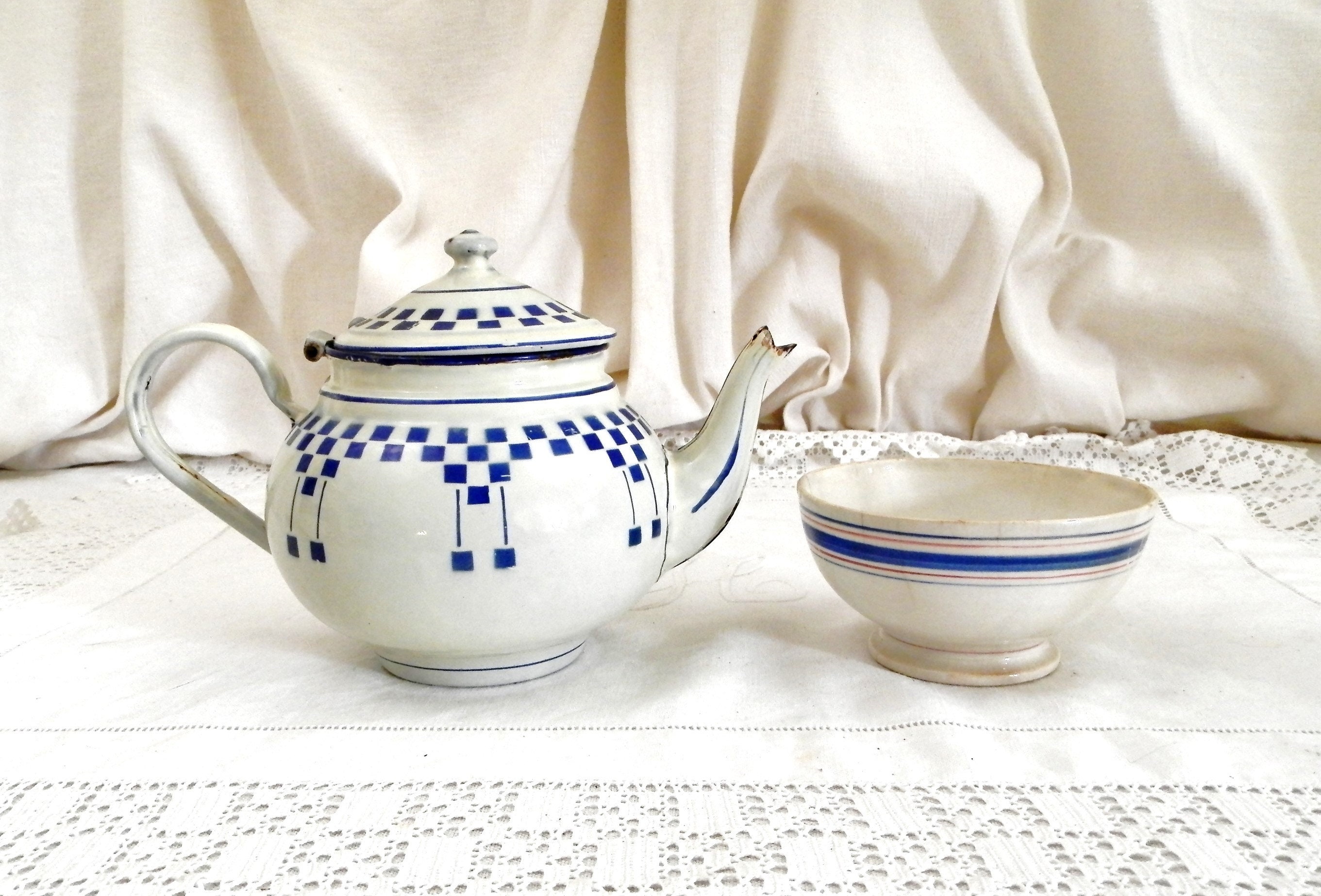 Antique French Blue and White Enamelware Lustucru Tea Pot, Vintage ... Antique French Blue and White Enamelware Lustucru Tea Pot, Vintage ...