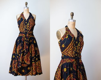 1950s Sequin Halter Dress / 50s Batik Cotton Sundress