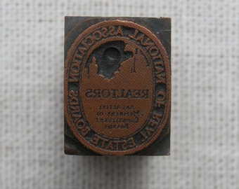 Vintage National Association Real Estate Boards Printers Block Letterpress Metal on Wood