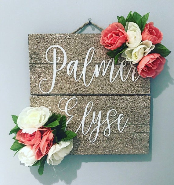 Glitter Wooden Sign | Floral Glitter Sign | Nursery Floral Sign
