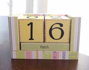 Perpetual Wooden Block Calendar - Pastel Stripes - Pink Yellow Moss Purple and More - Gifts for Her - Teacher Gifts