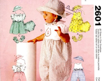 McCalls 2601 Sewing Pattern - Infants Dress Rompers Hat Shoes and Panties - Sizes S, M, L, XL