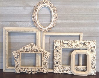 6 Piece Antique White Frame Gallery - Baroque Ornate Open Wall Frames - Frame Wall Decor