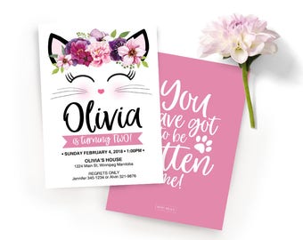 Cat Invitation, Kitty Invitation, Cat Party, Kitty party, Cat Face, Cat Floral, Kitty Birthday, Cat Birthday, Pink cat Invitation, Kitty,Cat
