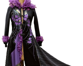 Black purple Gothic sweater Coat, Fantasy long OOAK, boho wearable art, refashioned festival boho, goddess fashion. Size S. Ready to ship