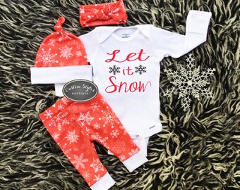 Baby Girls First Christmas Outfit, Let It Snow, Red Leggings, Hat and Headband With Snowflakes & White Cuffs,Baby's First Christmas Outfit