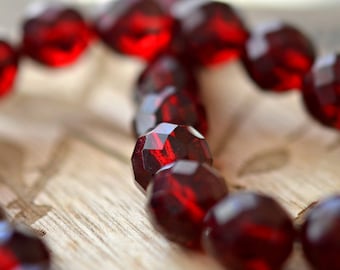 Glacé Cherries - Premium Czech Glass Beads, Transparent Dark Garnet, Facet Fire-polish Rounds 12mm - Pc 4