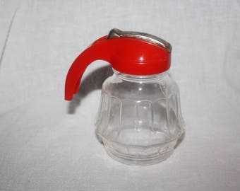 Vintage Small Federal Practical Housewares Red Lid Panelled Glass Syrup Pitcher