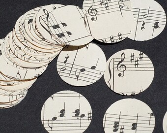 Sheet Music Circles- 100 1 inch vintage sheet music paper circles, weeding confetti, music party decorations, vintage craft supplies