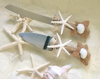 Beach Wedding Cake Knife Serving Set. Wedding Cake Cutter. Burlap Wedding Cake Knife. Seashell Wedding Cake Servers. Coastal wedding.