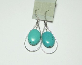 Turquoise Silver Earrings in Silver Teardrop Beading Hoops