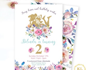 Fairy party invite, Fairy invitation, girls birthday, digital invite, floral fairy invite, gold glitter, girls party, fairy birthday, fairy