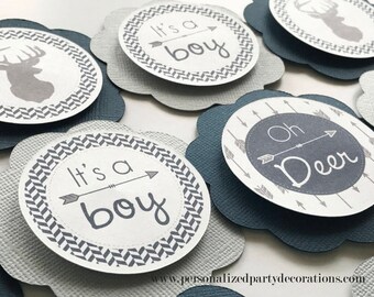 Light Gray and Navy Deer Baby Shower Cupcake Toppers, Oh Deer Baby Shower, Baby Boy Shower, Baby Shower Décor - Ships Quick, Free Shipping